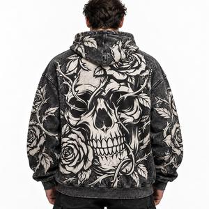 Sudadera con capucha para hombre con lavado ácido, estilo gótico con estampado de calavera y rosas, vintage, con bolsillo canguro - Product Image 2