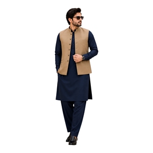 <b>Men's</b> Navy Blue <b>Kurta</b> Pajama With Beige Waistcoat Traditional Indian Pakistani Casual Wear Regular Fit Cotton Outfit - Product Image 1