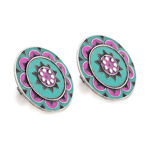 Boucles d'oreilles clous rondes en argent sterling 925 Silver Mountain SKU7559 avec émail vert et rose, style ethnique, pour fiançailles, mariage, fête - Product Image 4