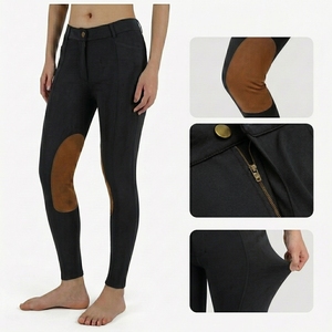 Women <b>High</b> Waist Riding Tights Full Length Olive Green With Brown <b>Knee</b> Patches Button Fly Four-Way Stretch Equestrian Pants - Product Image 6