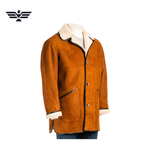 Veste en cuir suédé marron longue pour homme, col rabattu, doublure en fausse fourrure, logo sur le devant, coupe-vent, hiver, décontractée, coupe régulière - Product Image 3