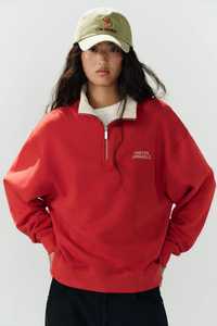 <b>Women's</b> Red Drop Shoulder Quarter Zip Sweatshirt Casual <b>Long</b> <b>Sleeve</b> Turn Down Collar <b>Top</b> - Product Image 2