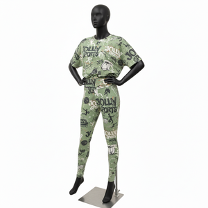 ชุดเสื้อยืดและเลกกิ้งผู้หญิง พรีเมียม 200 GSM โพลีเอสเตอร์ผสมสแปนเด็กซ์ สีเขียวมะกอก พิมพ์ลายโลโก้แบบซับลิเมชั่นทั้งตัว ชุดเซ็ตสำหรับผู้หญิง - Product Image 4