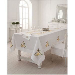 Wholesale Customized Hemstitch Modern Multi-Shape <b>Tablecloth</b> Cotton Embroidered Pretty Flowers Durable Washable Full Sizes - Product Image 1