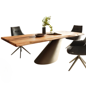 Table de salle à manger rectangulaire en bois d'acacia naturel, design artisanal moderne, bord brut, base en métal en forme de cône, pour cuisine et restaurant - Product Image 2