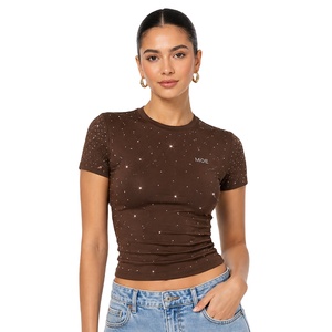 Trendy <b>Rhinestone</b> Embellished Custom women's shirt Summer Solid Color Womens Crop <b>Top</b> Stone Sparkled Elegant Stretched T-Shirt - Product Image 1