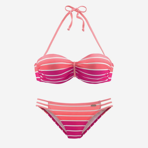 Conjunto de bikini push-up a rayas rosas para mujer, top halter bandeau, traje de baño con braga brasileña - Product Image 1