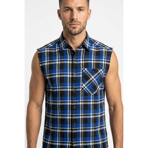 Camisa de Franela a Cuadros sin Mangas para Hombre, Azul y Negro, Cuello Camisero, Transpirable, 100% Algodón, para Otoño - Product Image 4