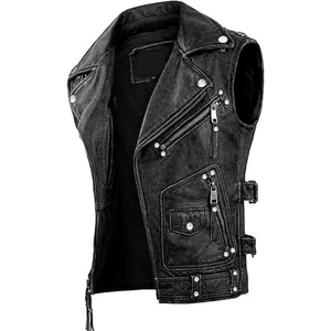 Chaleco de Cuero Genuino Marrón Vintage Personalizado para Hombre, Chaleco de Motociclista, Cremallera Asimétrica, Estilo Punk, Fabricante OEM - Product Image 6