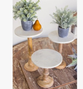 Round Wooden Cake Stand Set of 3 Handmade <b>Marble</b> <b>Top</b> Display Holder for Dessert <b>Table</b> Decor At Best Price - Product Image 3