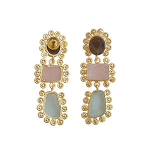 Boucles d'oreilles pendantes multi-pierres plaquées or, aspect artisanal, bijoux fantaisie semi-précieux, vente en gros - Product Image 6