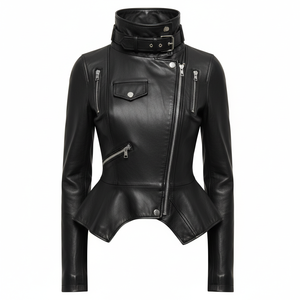 Veste en cuir noire pour femme, style motard, coupe slim, streetwear décontracté, couleur unie - Product Image 1