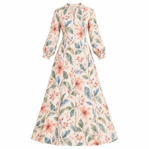Vestido Maxi Floral Bohemio para Mujer, Manga Larga, Cuello en V, Estampado Elegante Informal, Estampado Botánico Rosa, Venta al por Mayor - Product Image 2