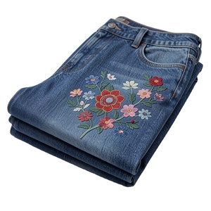 Women Indigo Blue <b>Embroidered</b> Breathable High Waist Denim <b>Jeans</b> Straight Fit Casual Streetwear Dark Cotton Pants Custom OEM OD - Product Image 5