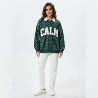 Sweat-shirt vert à pois pour femmes, imprimé lettres Calm, col rabattu, manches longues, vêtements décontractés d'automne