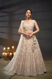 Pink Beaded Lehenga Choli <b>Net</b> Unstitched Wedding Outfit Two Piece Bridal Set for Women - Product Image 4