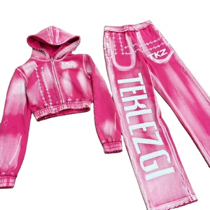 Trending Usa Streetwear Custom Two Piece Applique Patch Embroidered Flared <b>Sweatpants</b> & Hoodie Set <b>Oversized</b> Crop Hoodie Set - Product Image 1