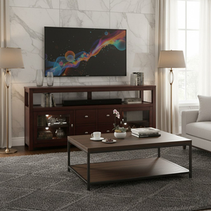 Modern Solid Wood TV <b>Stand</b> with Drawers and Glass <b>Doors</b> for Living Room Furniture Kona Coffee Color - Product Image 4