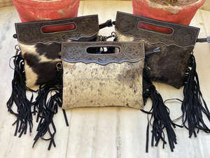 Western Style Black Fringe Bag Tooled Leather Handbag Purse Stylish Hair on Leather Sling Bag for Women - Product Image 3