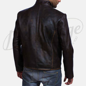 Veste en cuir véritable marron foncé de qualité supérieure pour homme, coupe ajustée, aspect vieilli, en cuir de vachette véritable, avec fermeture à boutons unique et col montant - Product Image 3
