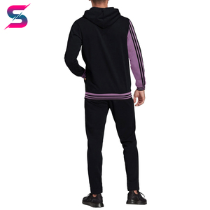 Chándal con capucha para hombre en negro y morado con bloques de color, manga larga, ropa casual con bolsillos laterales, material de poliéster transpirable. - Product Image 3