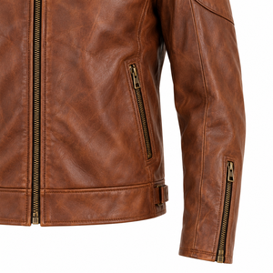 Custom <b>Men's</b> Brown Leather Jacket <b>Winter</b> <b>Waterproof</b> Cotton Lined Zipper Moto Biker <b>Coat</b> - Product Image 3