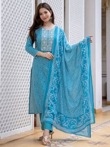 Blue Rayon Quick Dry Multi-Season <b>Kurta</b> Set Printed Dupatta Traditional Wear <b>for</b> <b>Women</b> India Pakistan Casual Midi Length Regular - Product Image 5