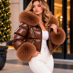 Chaqueta de Cuero Genuino para Mujer con Cuello de Piel Marrón, Abrigo Corto de Invierno de Lujo/Ropa de Moda de Invierno - Product Image 4
