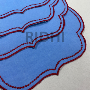 <b>Blue</b> Linen <b>Placemat</b> With Scalloped Red Embroidered Edge Table Mats for Dining, Modern Tableware, Reusable Elegant Kitchen Decor - Product Image 2