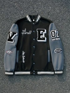OEM 100% Cotton <b>Men's</b> Black Varsity <b>Jacket</b> Gray Sleeves Embroidered Lettering Logo Patch High Street <b>Baseball</b> <b>Jacket</b> Breathable - Product Image 1