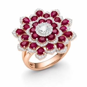 Bague de cocktail de luxe en or rose 14 carats avec diamant de laboratoire rond certifié IGI, motif fleur de rubis, cadeau de mariage, bijoux personnalisés OEM - Product Image 1