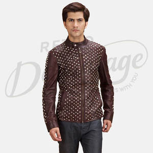 แจ็คเก็ตหนังแท้สีแดงเบอร์กันดีประดับหมุด สไตล์พังก์ร็อก ทรงเข้ารูป สำหรับผู้ชาย งานแฮนด์เมดสุดเท่ เหมาะสำหรับงานปาร์ตี้ - Product Image 6