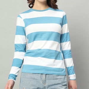 Camiseta de Punto a Rayas de Manga Larga para Adultos y Jóvenes, Cuello Redondo, Corte Regular, Diseño Azul y Blanco, Top Informal - Product Image 2