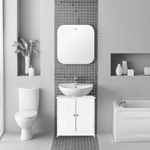 Mobile Bagno Doppio Lavabo Stile Rustico Bianco in Legno Massello con Struttura in PVC, Specchio LED e Accessori Contenitori - Product Image 1