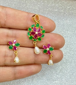 22K Gold Plated Flower Pendant Set <b>Ruby</b> Emerald Pearl Sapphire <b>Necklace</b> with Earrings Traditional Indian Bridal Jewelry Gift for - Product Image 2