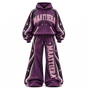 Ensemble de survêtement violet oversize pour femme avec détails en strass, pantalon large, sweat à capuche streetwear personnalisé, fournisseur en gros - Product Image 4