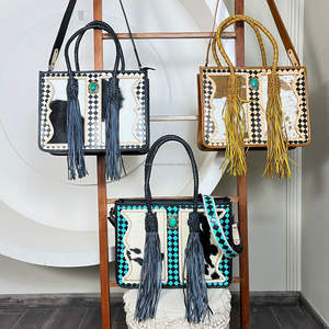 Sac à main de luxe de haute qualité, à motif à carreaux, en cuir véritable, avec détails en pierre turquoise, pour femmes - Product Image 5