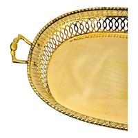 Plateau ovale en laiton avec poignées, 16 pouces, fait main, laiton véritable, style thaïlandais traditionnel de luxe, plateau de service décoratif pour aliments et desserts