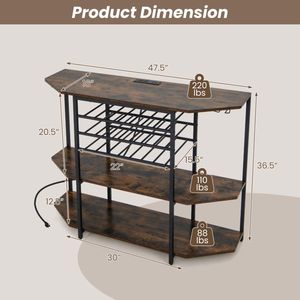 Meuble bar à vin moderne à 3 niveaux avec étagères de rangement réglables en bois massif et acier - Product Image 2
