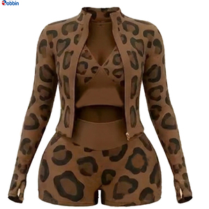Conjunto de 3 piezas de pantalones cortos de hip hop con estampado de leopardo para mujer, chaqueta con cremallera de manga larga, sujetador y pantalones cortos de ciclista, ropa sexy para discoteca, ropa de primavera y verano - Product Image 1