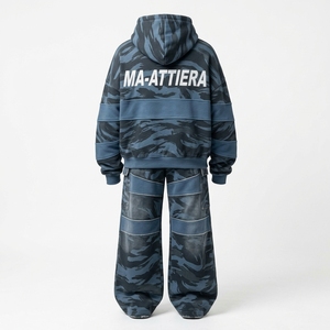 Men Blue Gray <b>Camouflage</b> Zip Up Hoodie Cargo <b>Tracksuit</b> Set Oversized Loose Fit Streetwear Panel Design Custom OEM ODM - Product Image 4