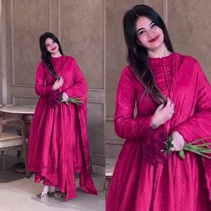 Ensemble Kurta et Palazzo pour femme, rose magenta, avec bordure en dentelle, et dupatta, longueur ras du sol, style Salwar indien modeste - Product Image 2