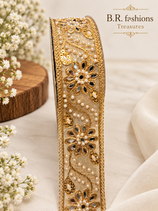 Élégantes robes de mariée en dentelle florale dorée avec embellissements en perles - B.R. FASHIONS Designs traditionnels du Rajasthan, largeur 2,25 pouces - Product Image 1