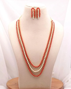 3 Layer Long Pearl and Coral Necklace Set 22K Gold Plated Brass Round White Red Bridal Jewelry Adjustable Chain for Women - Product Image 2