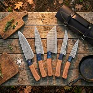 Damascus Steel <b>Knife</b> <b>Set</b> 5-Piece Wood Handle Chef <b>Knives</b> Polished Blade Straight Edge Ambidextrous Kitchen Cutlery - Product Image 1