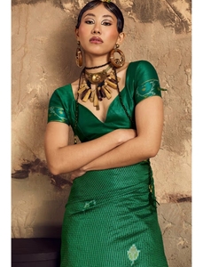 KV Jungle Green Banarasi Handloom Silk & Cotton Traditional Party Wear <b>Saree</b> Hand Drawn Design Wrinkle-Free Unstitched <b>Blouse</b> - Product Image 2