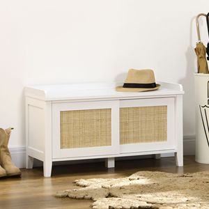 Panca scarpiera rustica in legno di pino con 2 ante scorrevoli in rattan e vano contenitore - Product Image 2