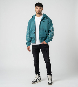 Sweat à capuche zippé unisexe en molleton épais, coupe oversize, délavé à l'acide et effet soleil, avec impression sérigraphiée personnalisée et strass, pour l'hiver et le streetwear - Product Image 6