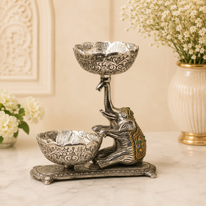 Porte-bougie décoratif en métal plaqué argent fait main, en forme d'éléphant, avec double bol, centre de table Urli, pièce maîtresse, figurine - Product Image 2