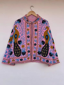 Chaqueta Bomber de Algodón Bordada a Mano para Mujer, Transpirable, Estilo Bohemio con Estampado Floral Botánico en la Parte Delantera, Precio al por Mayor - Product Image 1
